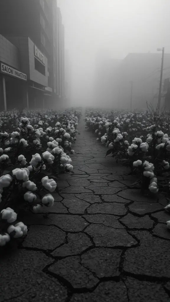 Monochrome image of a cotton field on foggy, cracked pavement with distorted shapes in the distance.