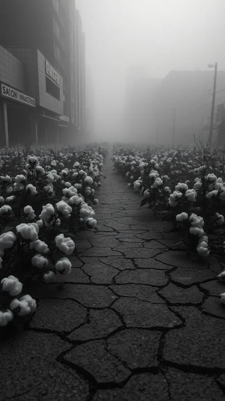 Monochrome image of a cotton field on foggy, cracked pavement with distorted shapes in the distance.
