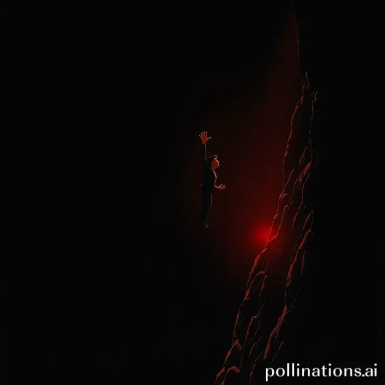 Minimalist comic style illustration of a silhouetted figure hanging by one hand in a dark void, with a single light on the hand.