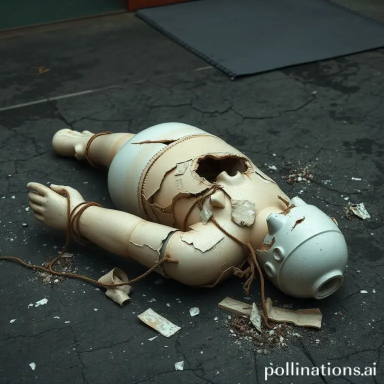 Shattered practice dummy on training ground.
