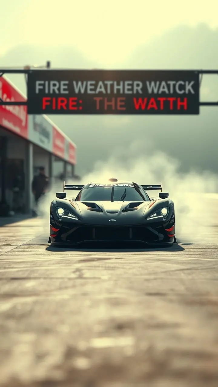 A race car in a pit stop, blurred background, glitch effects.