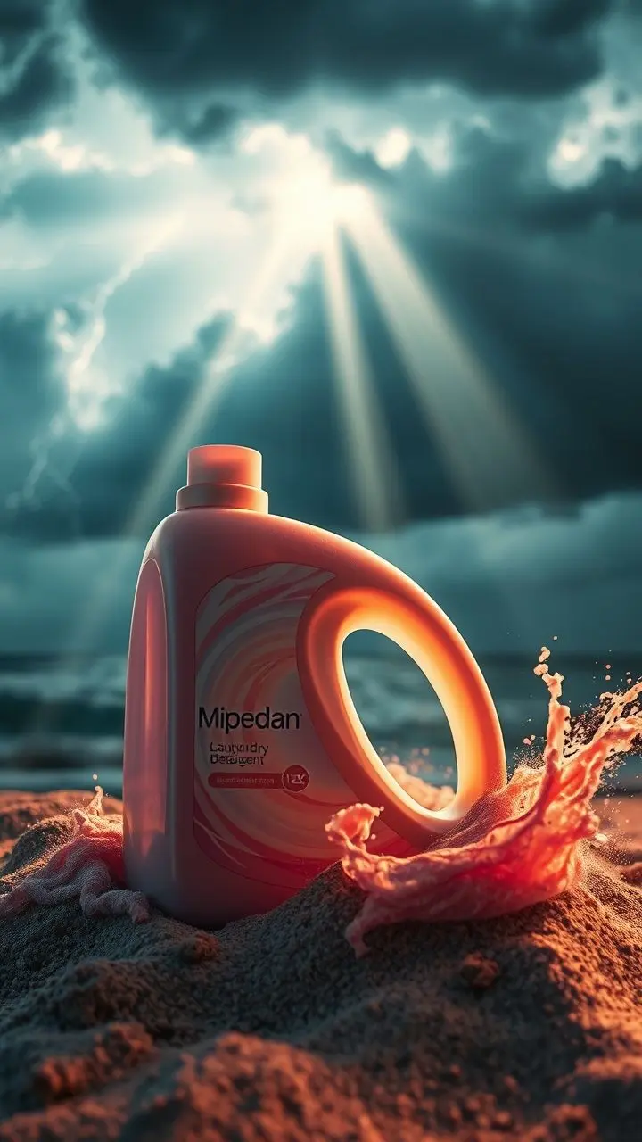 Laundry detergent pack with chalk pastel stains in a stormy sea.