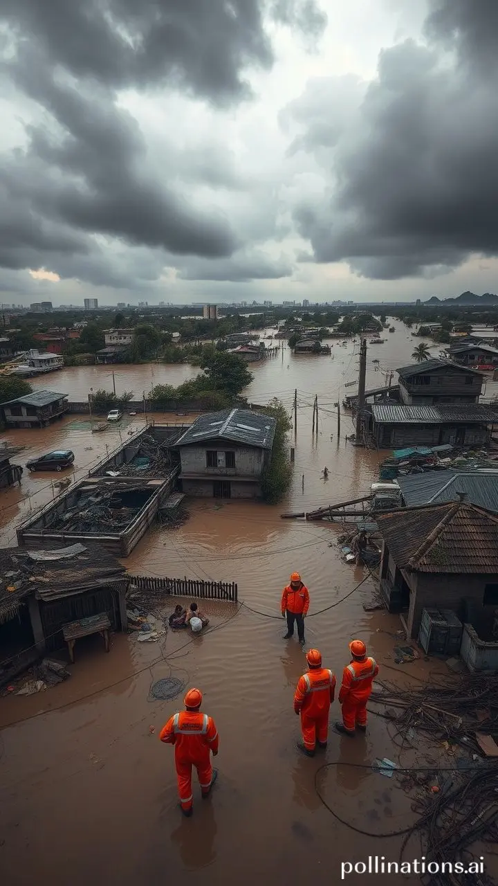 Survivors seeking shelter amidst flooded Chinese city and countryside.