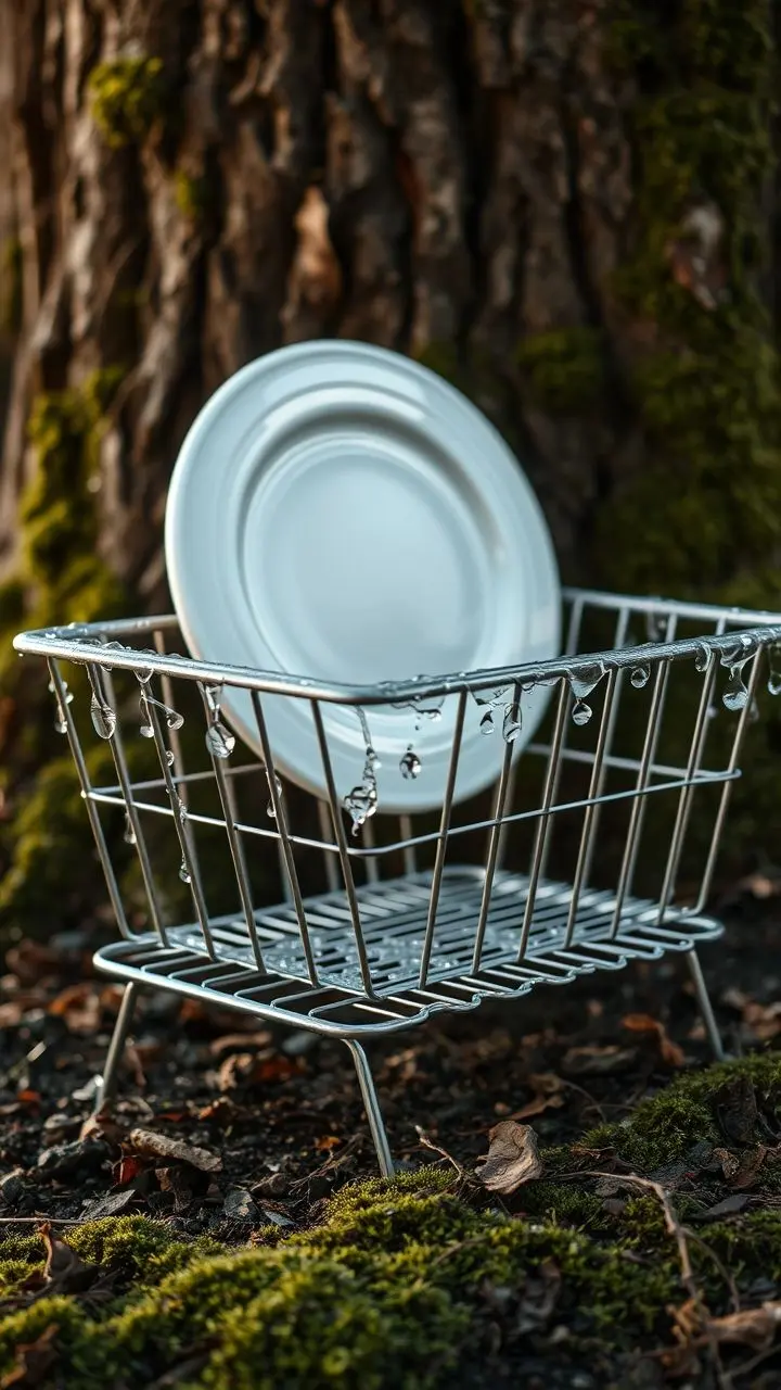 Dish rack with dew on mossy bark at dawn