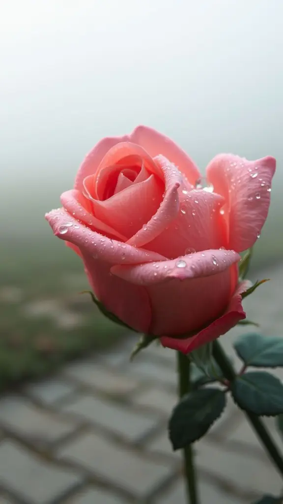 Close-up of a rose with dew drops in fog.