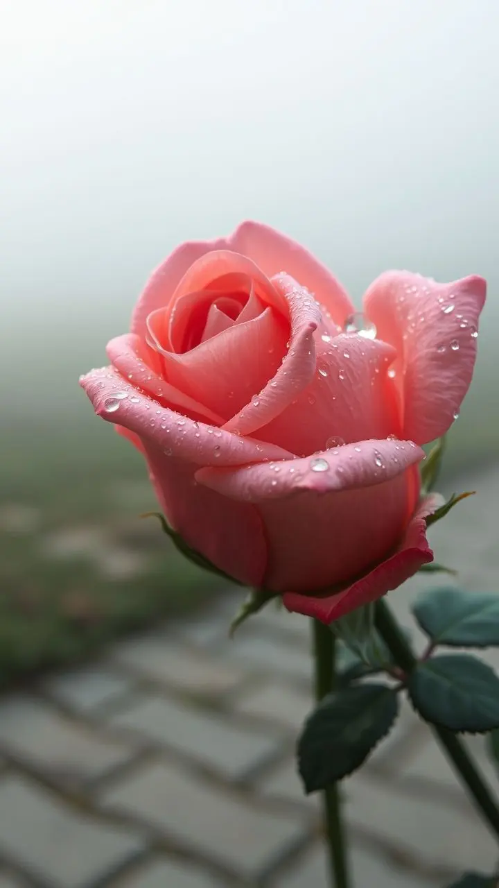 Close-up of a rose with dew drops in fog.
