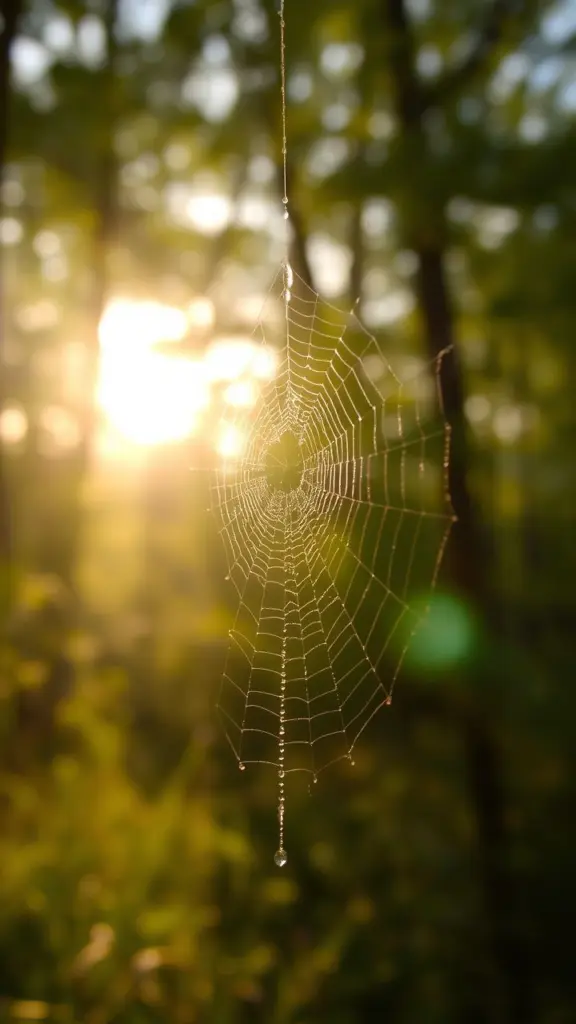 Close-up of a dew-covered spiderweb with shallow depth of field.