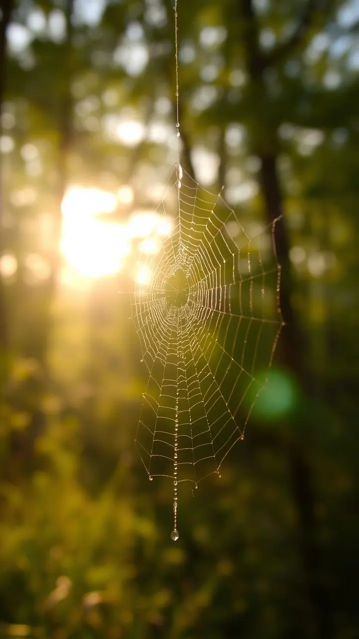 Close-up of a dew-covered spiderweb with shallow depth of field.