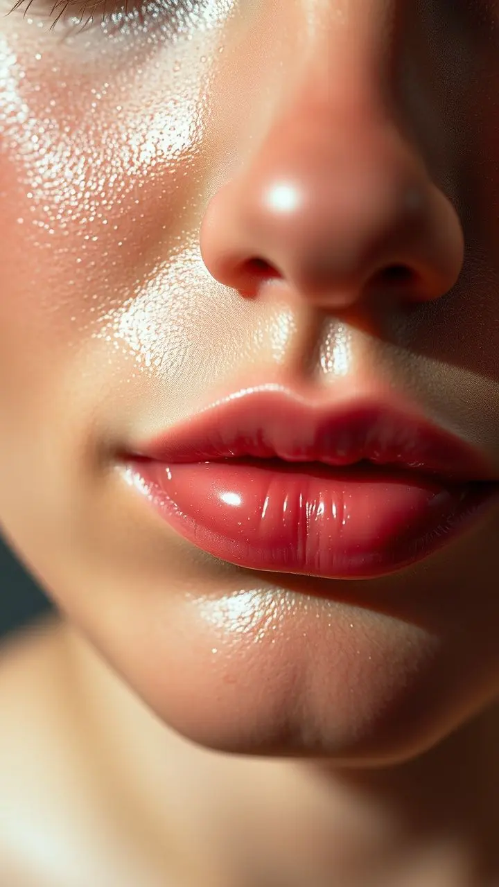Close-up of skin with dewy highlights.