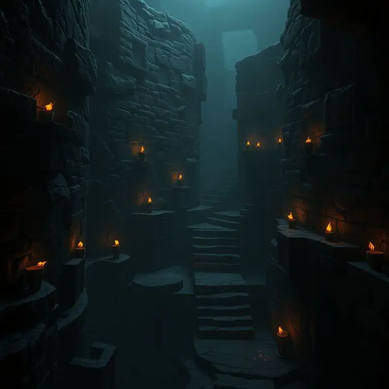 Dark fantasy underground lair with glowing runes and torchlight.