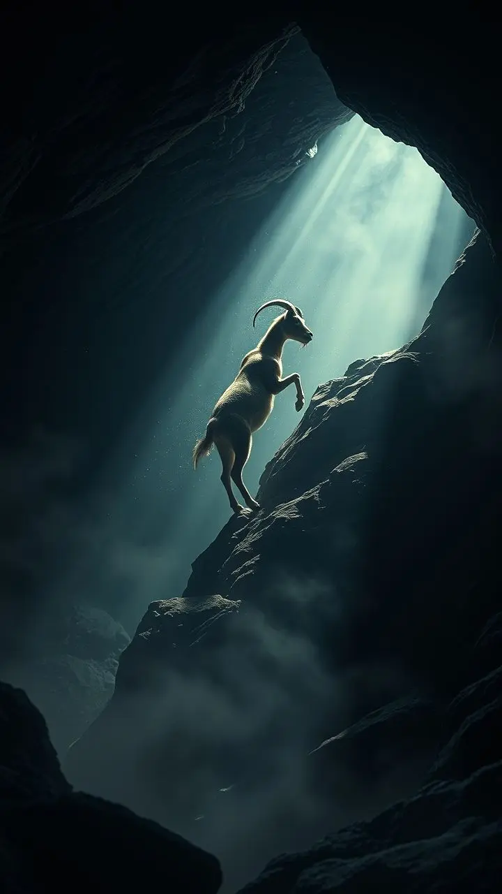 Goat climbing rocks in a misty den with diamond dust and Windows 95 elements.