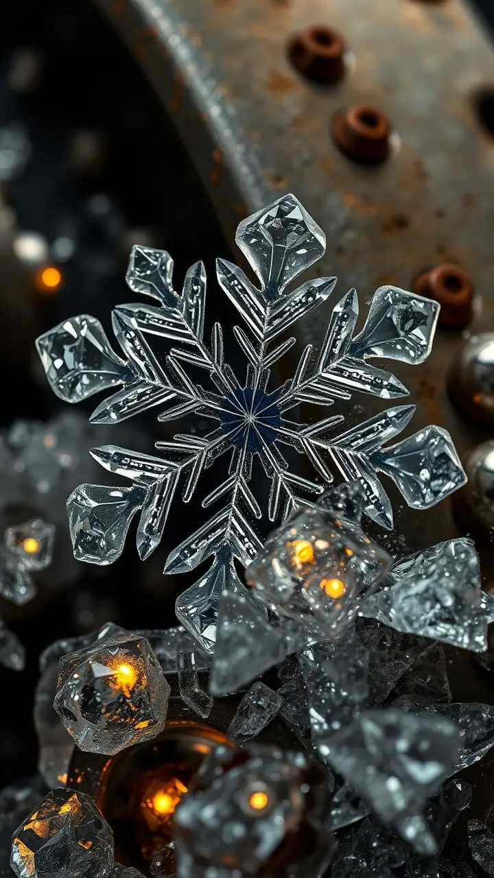 Close-up of a snowflake on a dieselpunk background with fireflies.