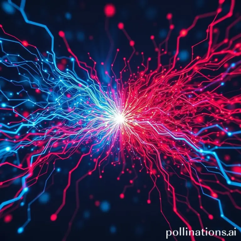 Abstract art of blue and red digital streams colliding.
