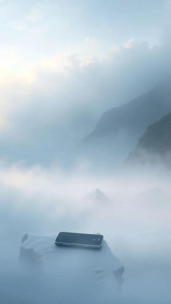 Mobile device in a surreal, icy valley with fog and pastel colors.