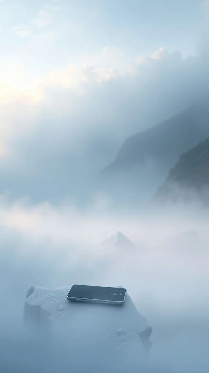 Mobile device in a surreal, icy valley with fog and pastel colors.