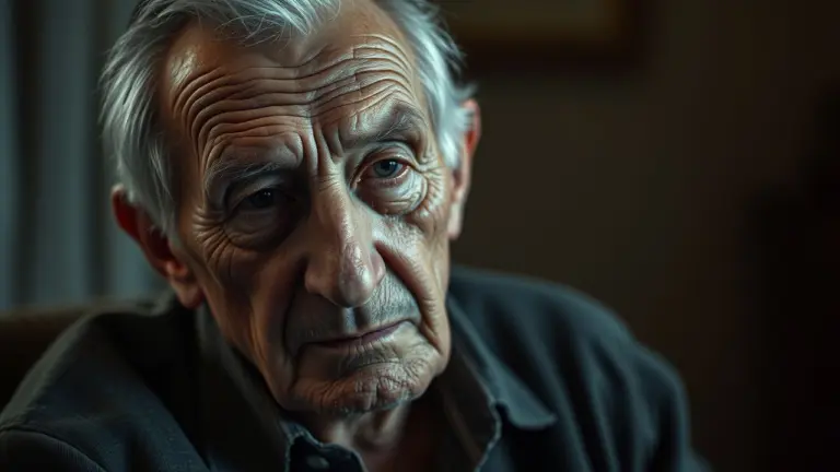 Portrait of a weary but dignified elderly man with gentle facial lines, illuminated by soft light.
