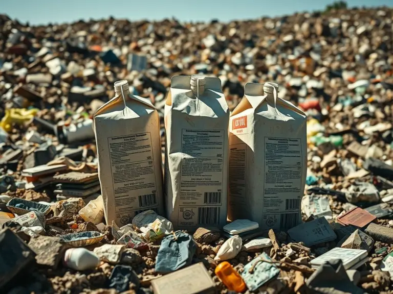 Realistic image of three damaged milk cartons in a large landfill with debris.
