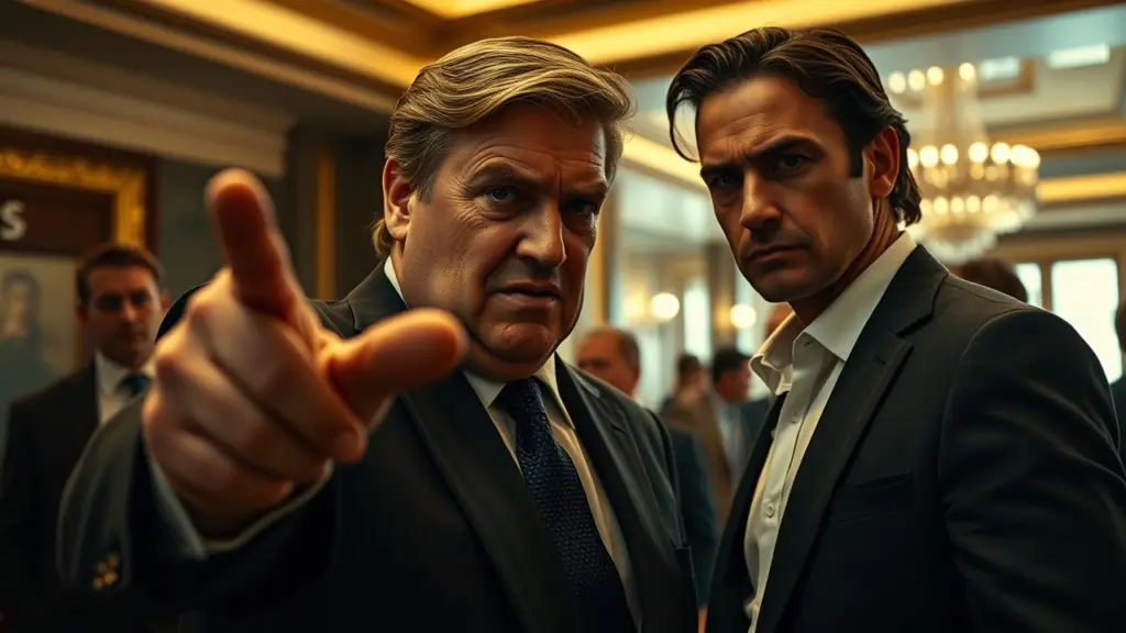 Two men in a private hotel lounge, one sneering and gesturing dismissively, the other standing calmly.