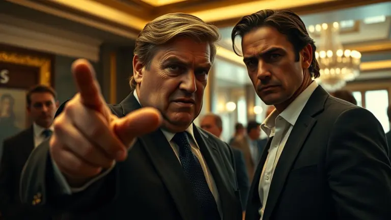 Two men in a private hotel lounge, one sneering and gesturing dismissively, the other standing calmly.