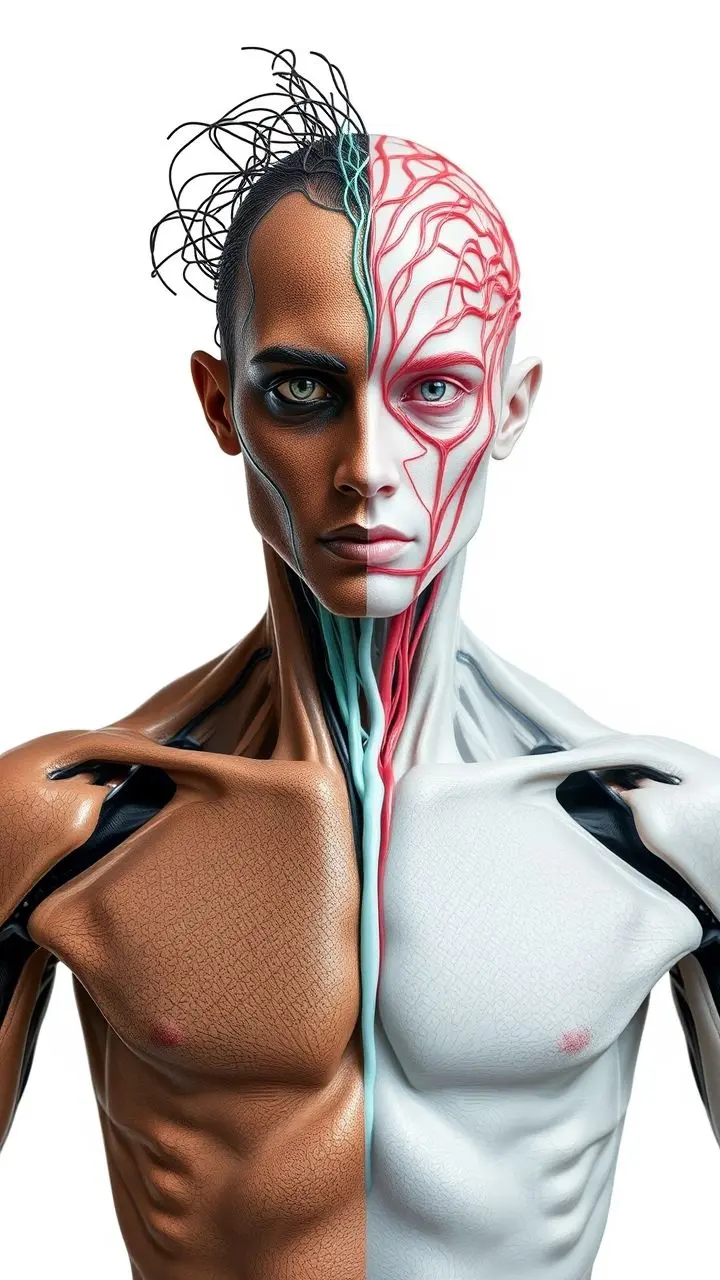 Pencil sketch of a man's body divided; one side natural, the other side artificial with plastic mesh and neural circuits.