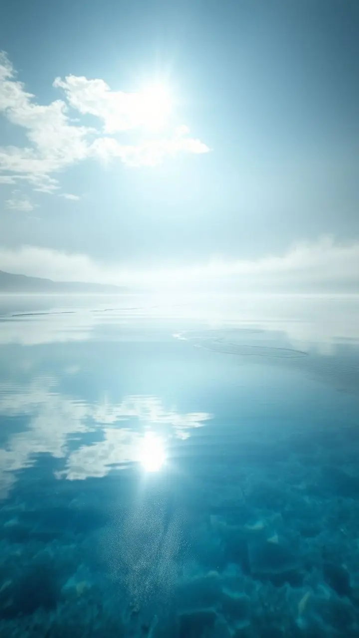 Serene landscape with clear water reflections and mist.