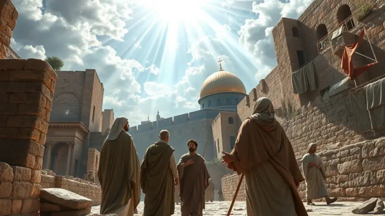 Celestial light descending on Jerusalem with biblical characters.