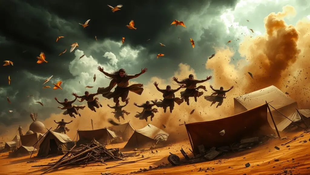 Men flying amidst a fierce desert storm with collapsing tents and palaces.