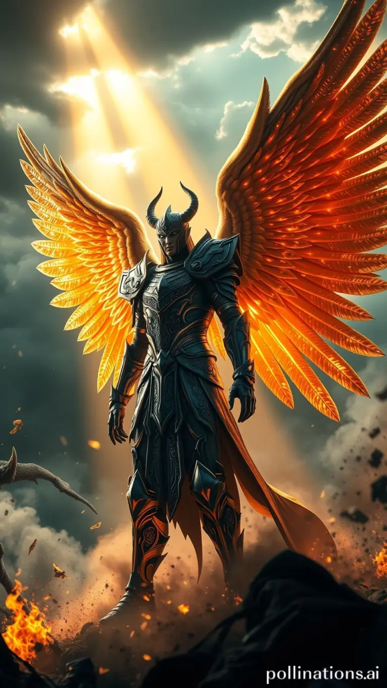 An angel warrior in gleaming armor fights a demon in a stormy sky with golden light.