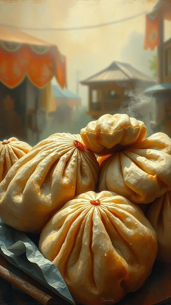 Fried dumplings in a surreal, heat-laden scene.
