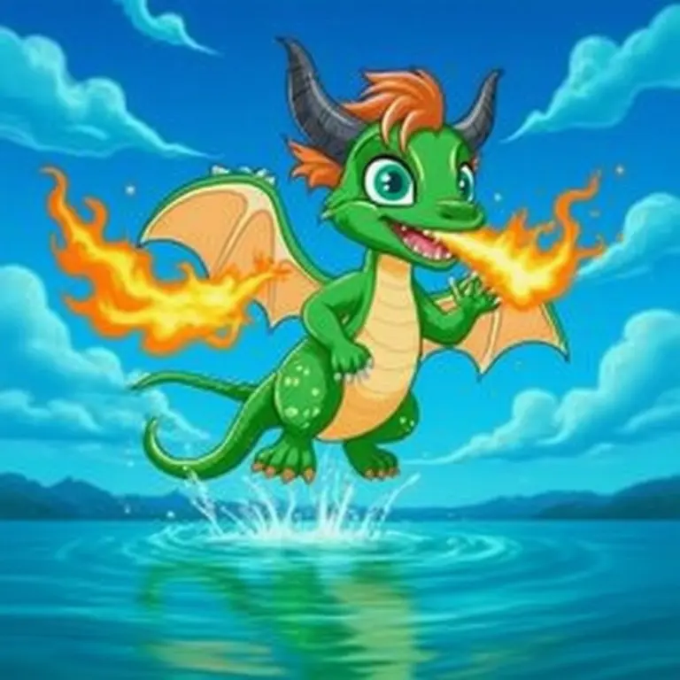 Dragon breathing fire over water