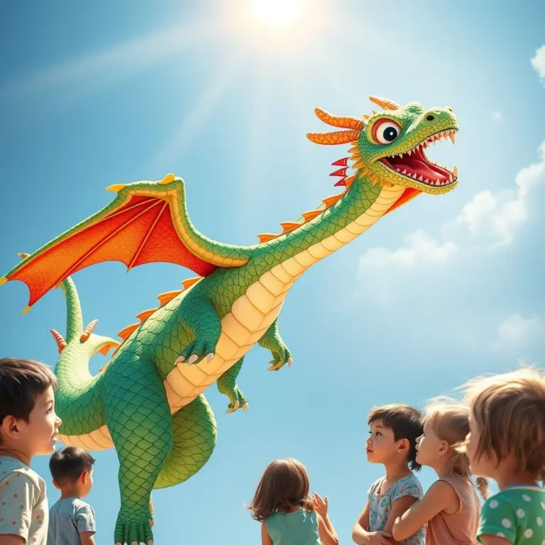 Cheerful dragon with colorful scales flying towards amazed children.