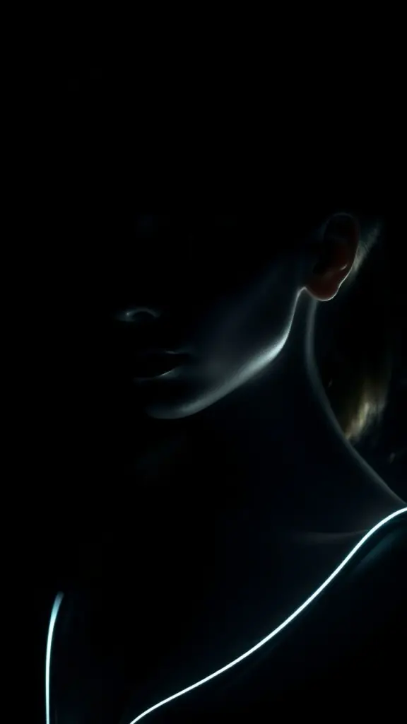 Portrait with dramatic rim lighting, highlighting the subject's silhouette against a dark background.
