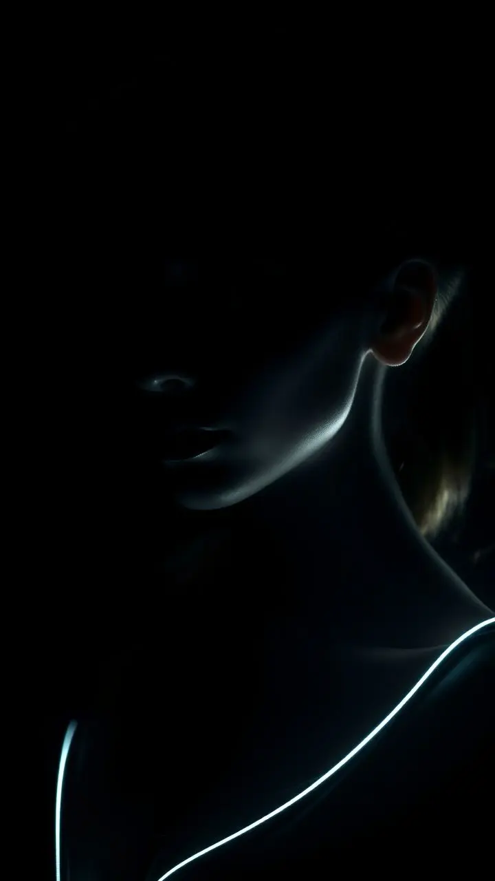 Portrait with dramatic rim lighting, highlighting the subject's silhouette against a dark background.