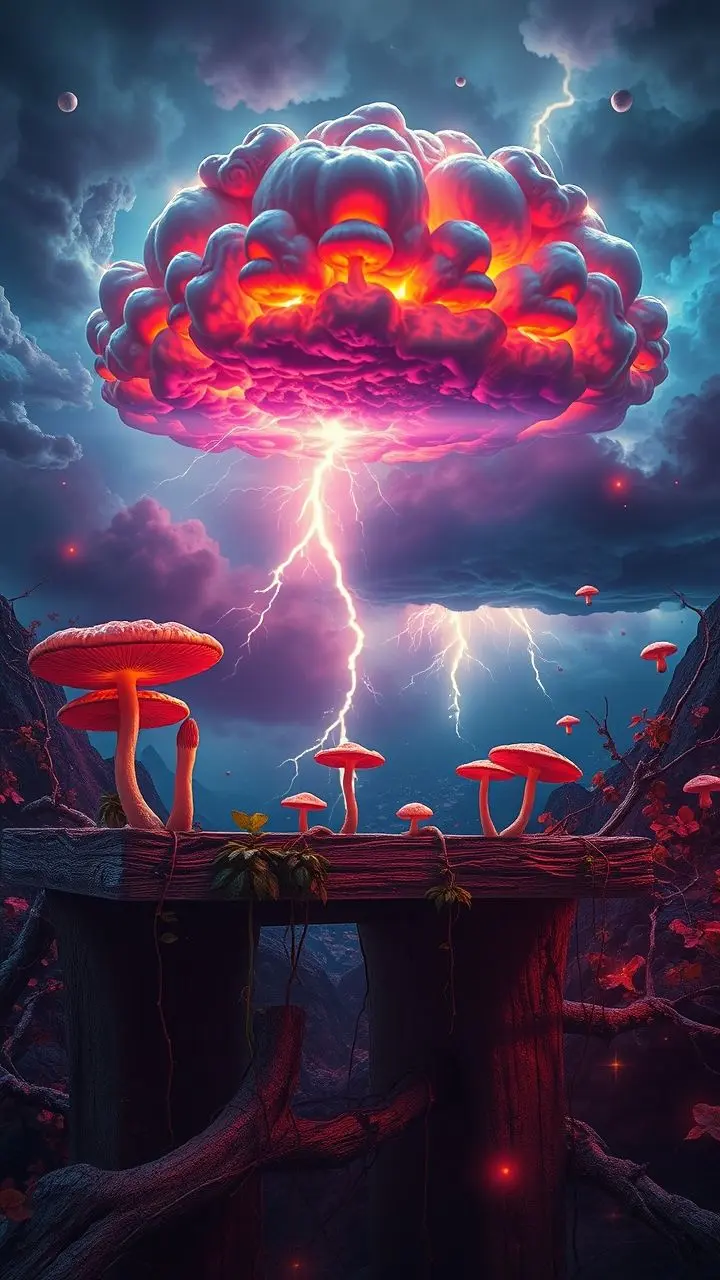 Lingzhi mushrooms on a shelf with broken vines and indices under a stormy shelf cloud.