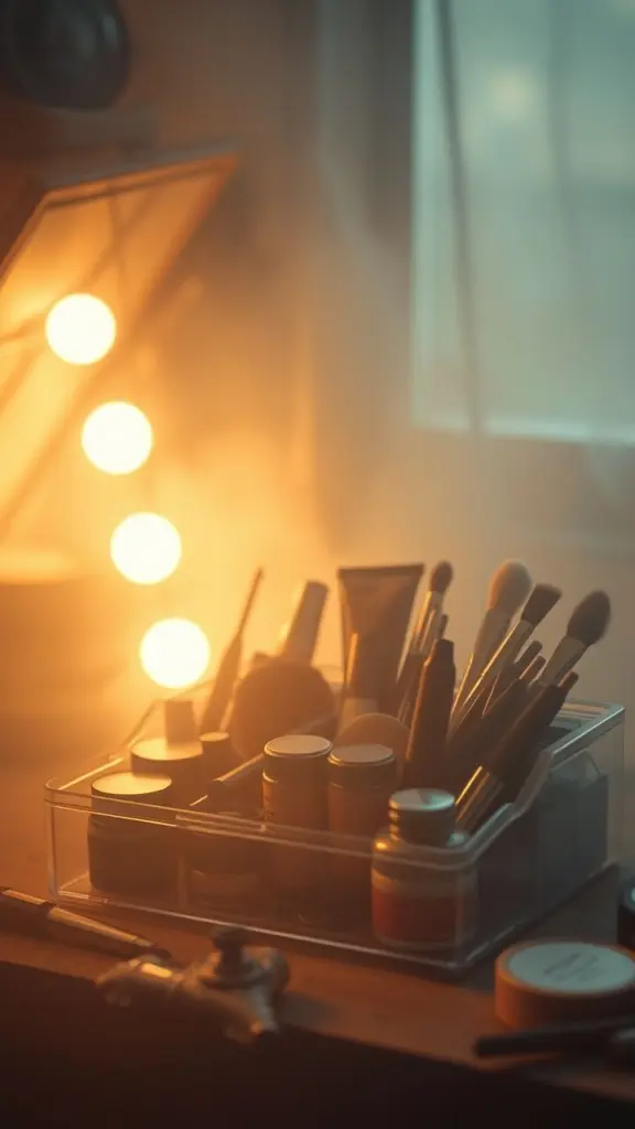 Makeup organizer in a hazy, dusty, dreamlike setting.