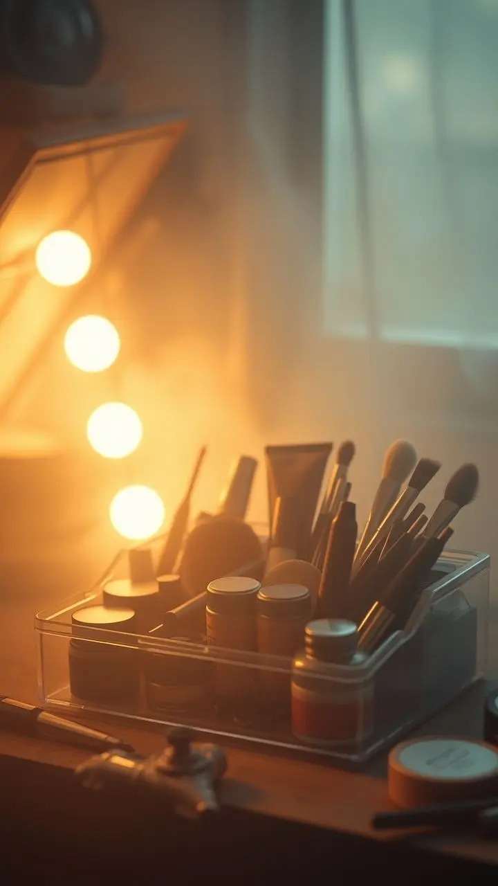 Makeup organizer in a hazy, dusty, dreamlike setting.