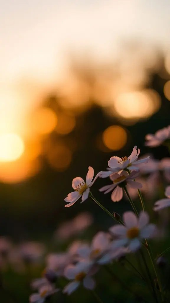Sunset landscape with bokeh and flowers.