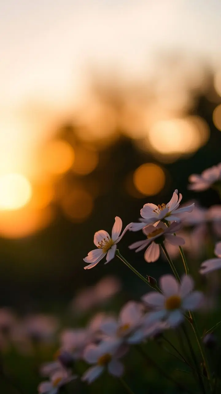 Sunset landscape with bokeh and flowers.