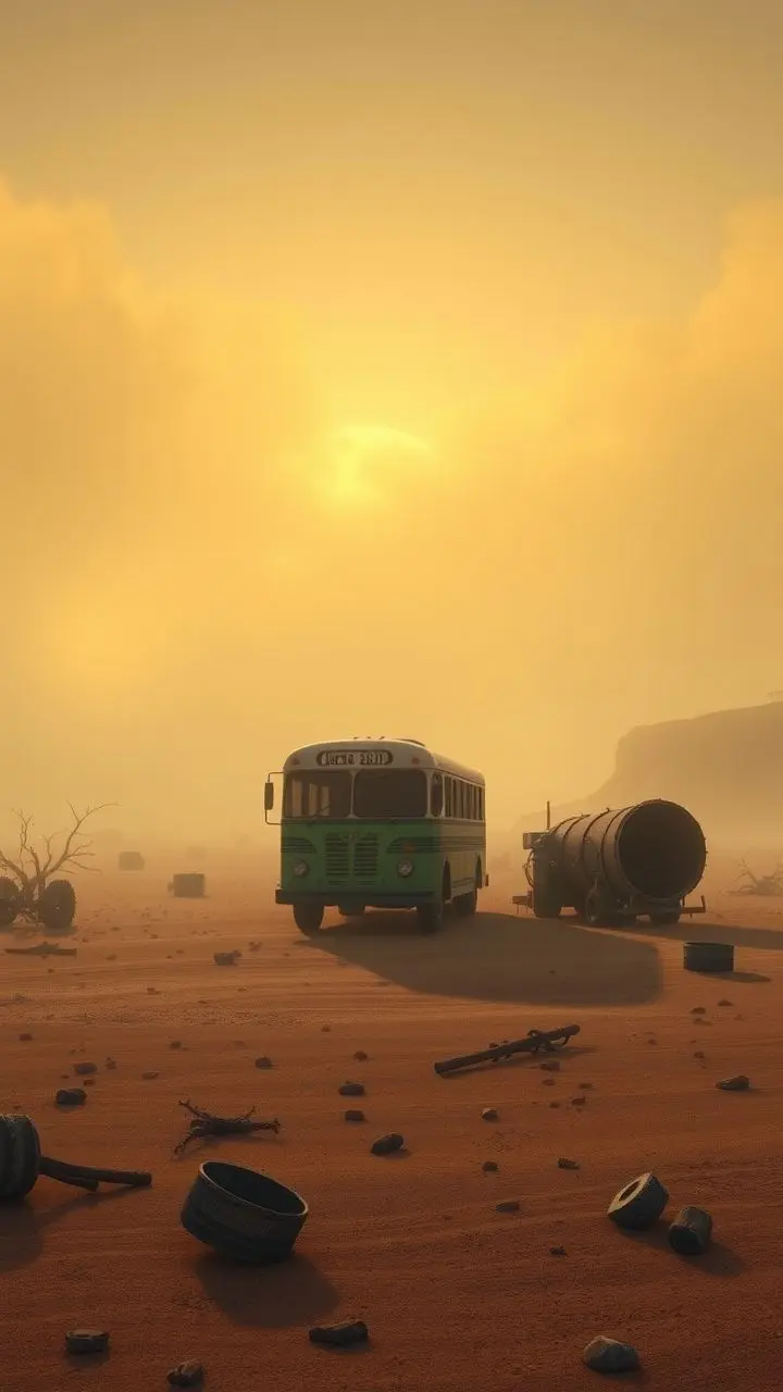 Vintage animation of a foggy dawn with a bus and debris in a dry landscape.