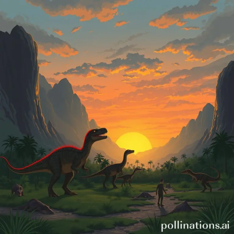 Vector art illustration of dinosaurs hunting at dusk.