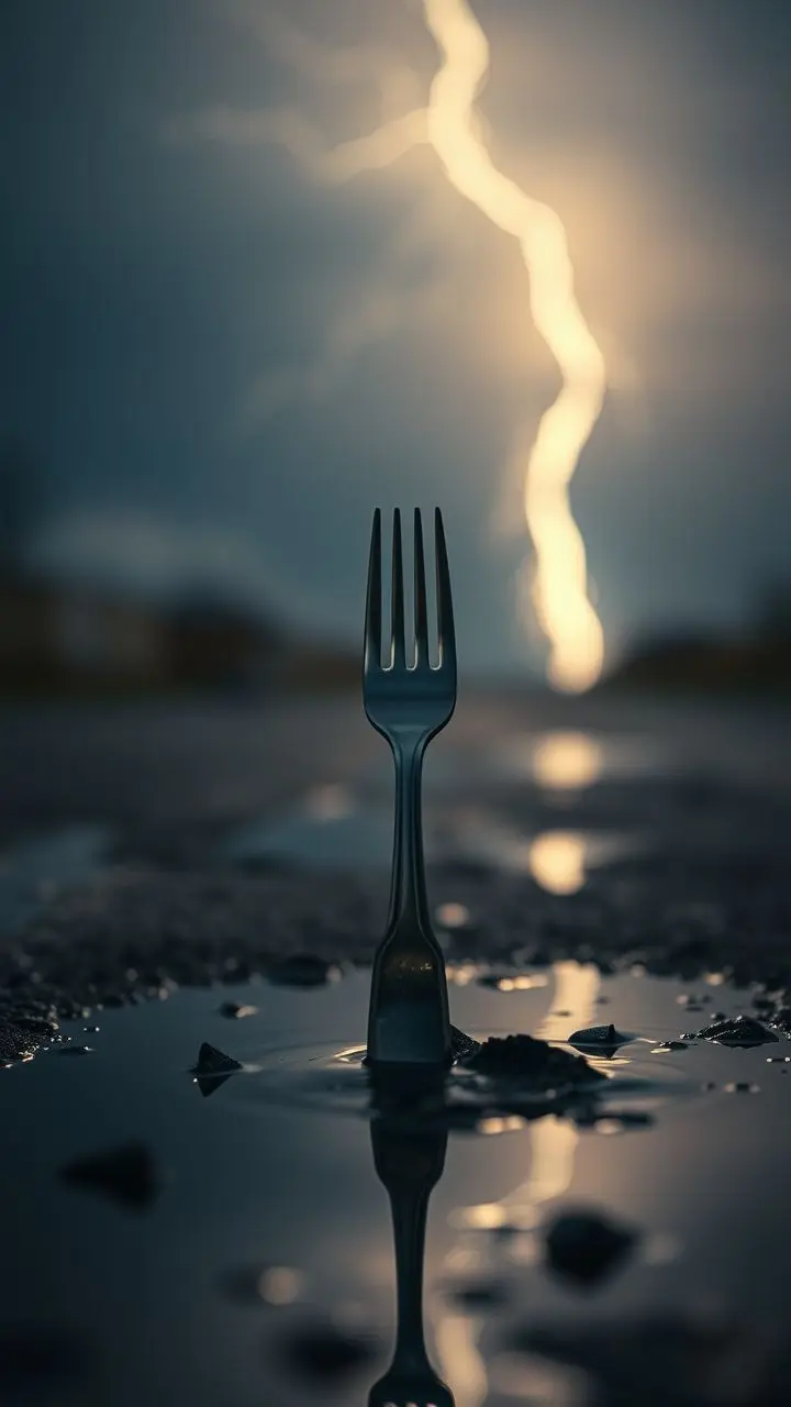 Pediatric administrator reporting, fork in smoky puddles, dusk sky.