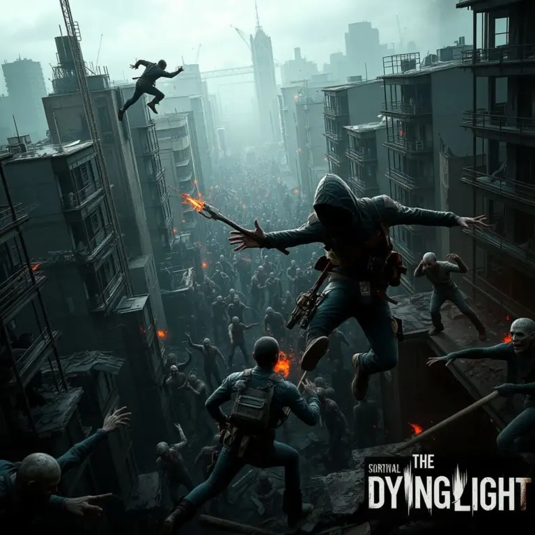 Post-apocalyptic city street with survivors fighting zombies using parkour.