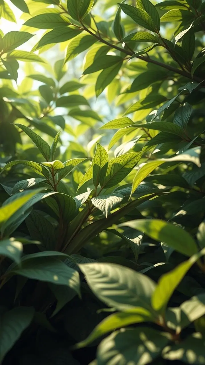 Close-up of detailed green leaves swaying gently in the wind, with sunlight filtering through.