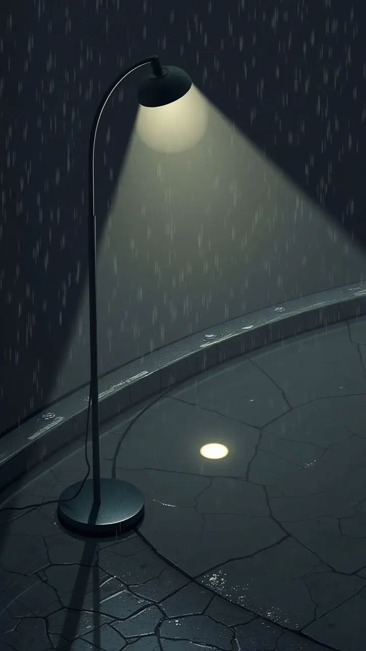 Arc floor lamp on wet pavement, dystopian concept.