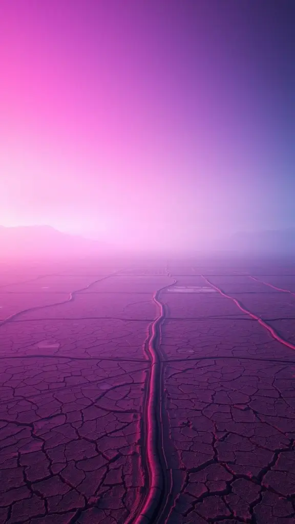 Arid landscape with irrigation channels, fog, and a digital drought index.