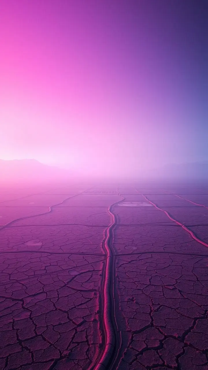 Arid landscape with irrigation channels, fog, and a digital drought index.