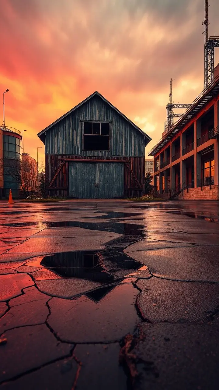 Rustic barn in a colorful, wet, dystopian city with puddles.
