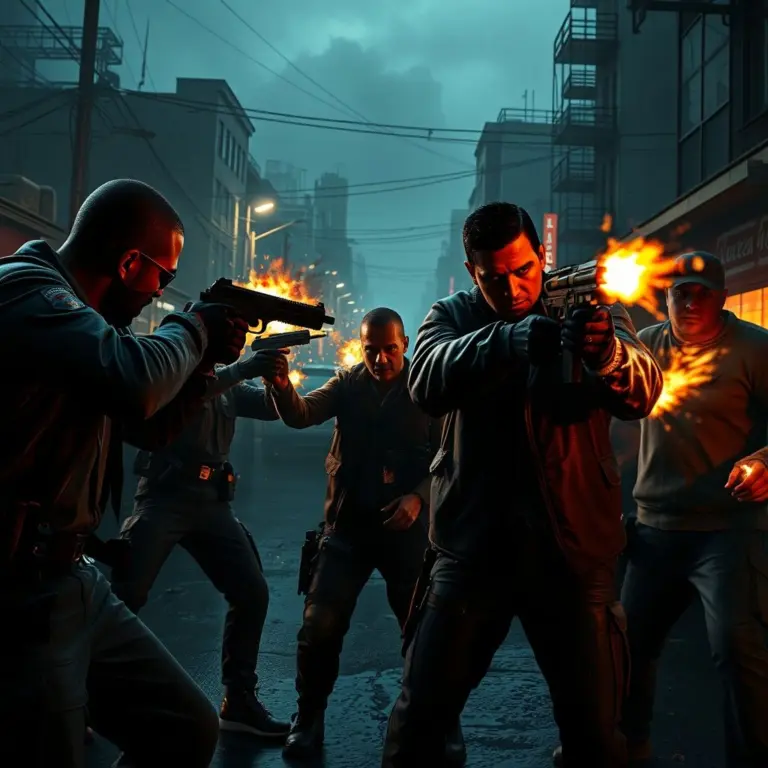 Police and criminals in a gunfight in a gritty, neon-lit dystopian city.