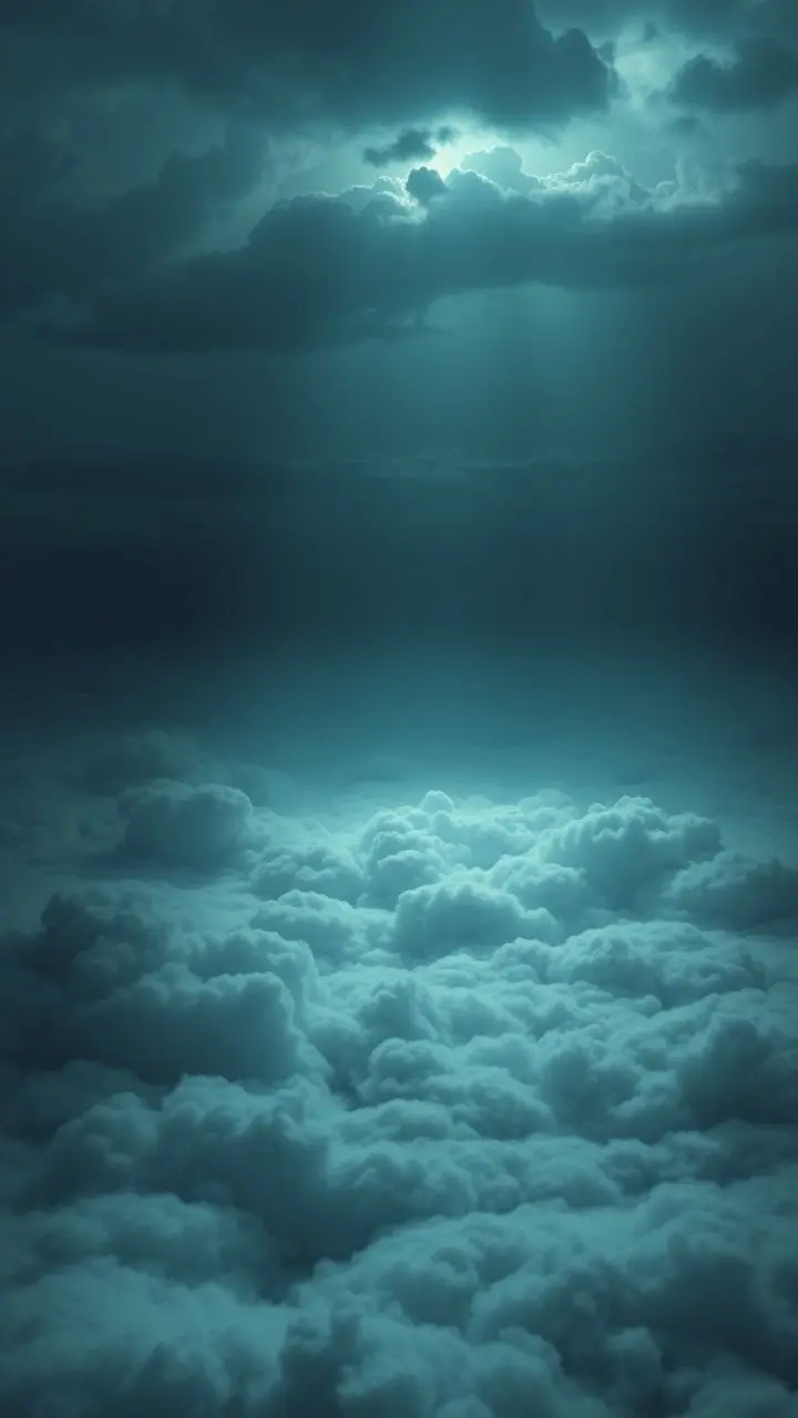Surreal landscape of swirling clouds like an ocean under a dark sky with neon rays.