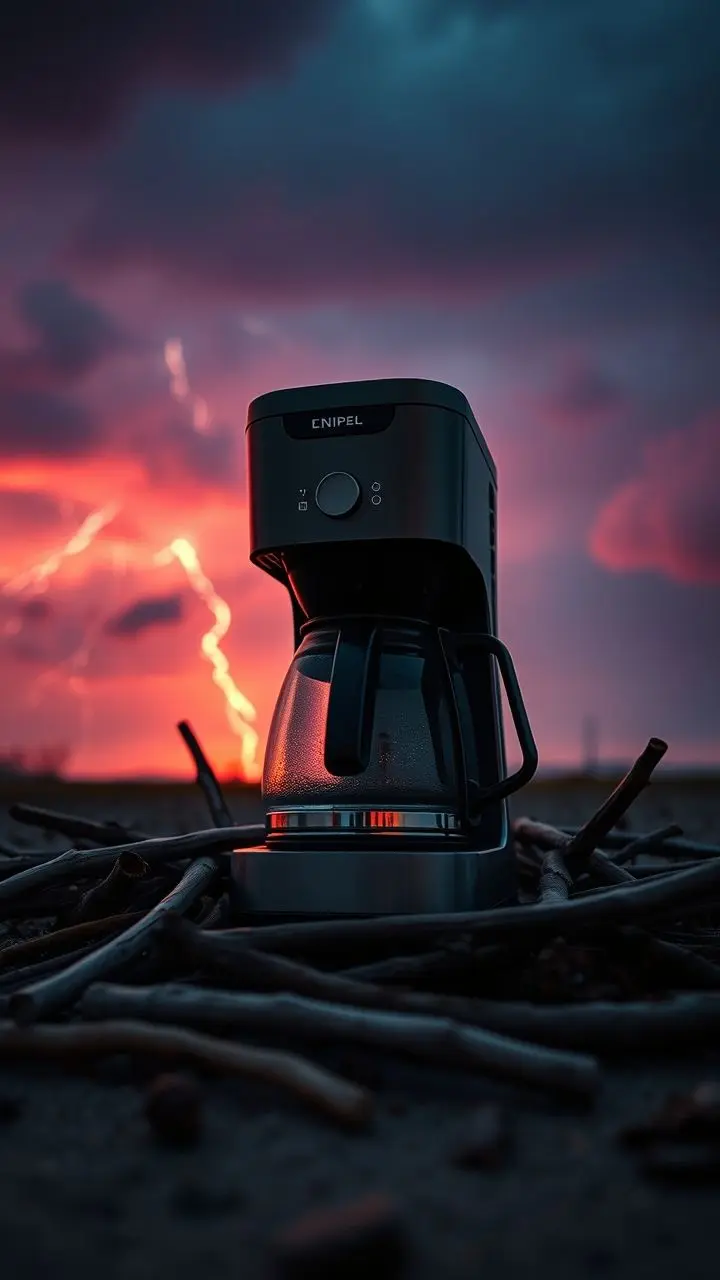 Metallic coffee maker with wooden sticks under a stormy twilight sky with dramatic light.